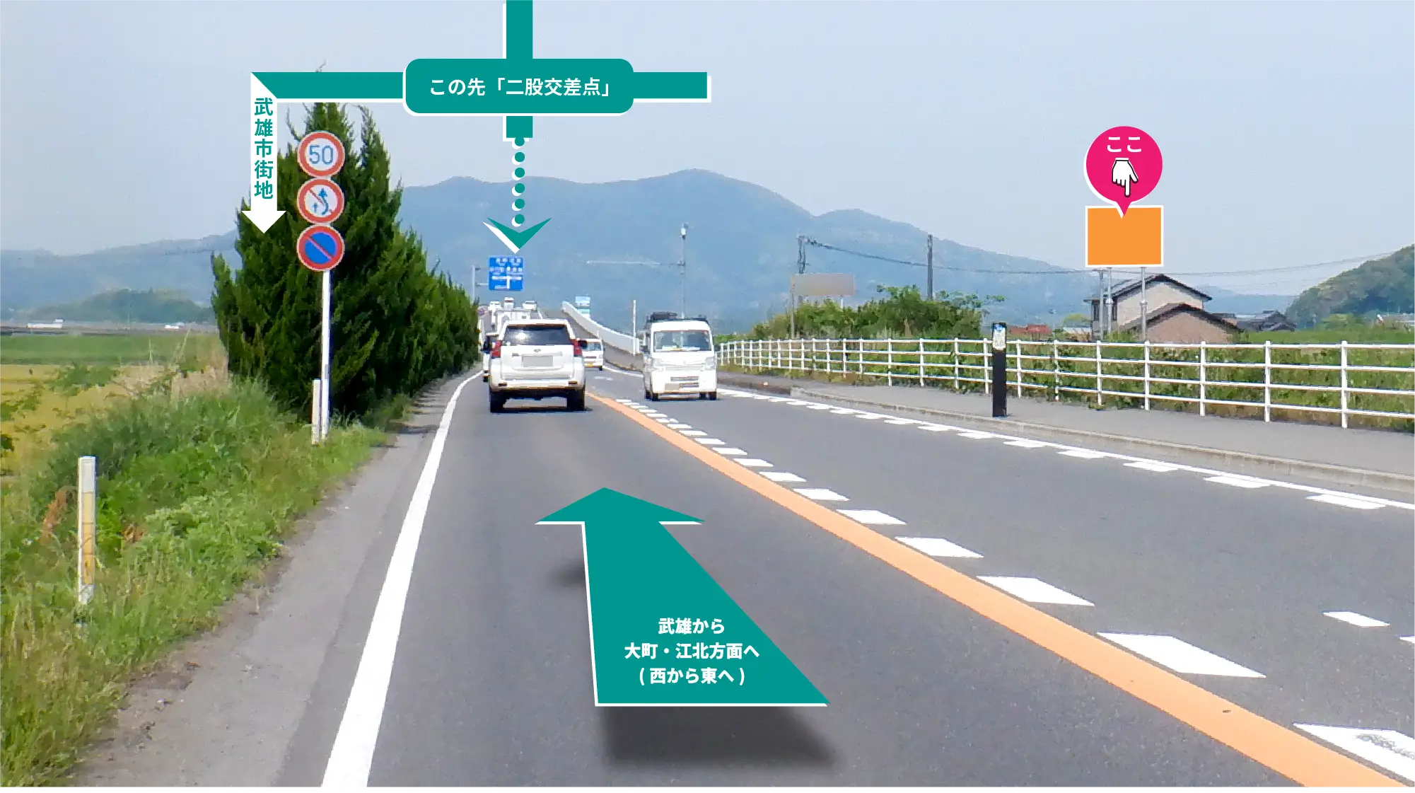 旧武雄市街地・武雄温泉駅方面への左折案内を効果的に行える看板立地